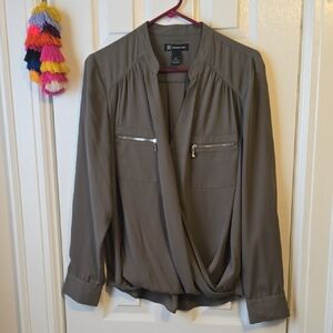 Inc Olive Chiffon Draped Blouse with Zipper Pockets